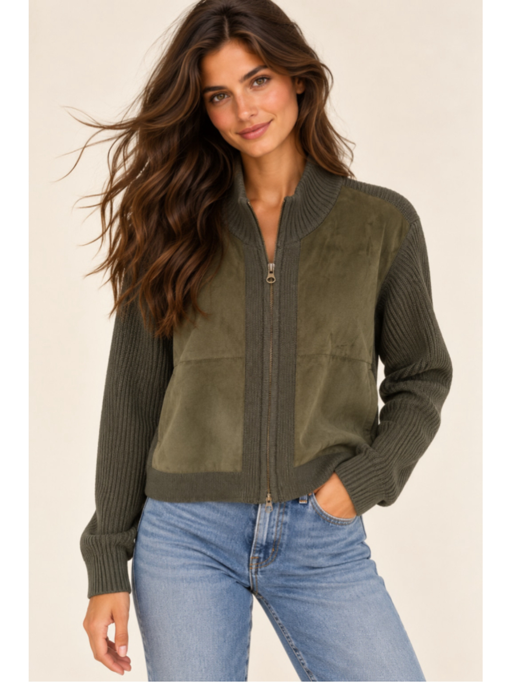 Jaclyn Smith Faux Suede Vegan Knit Zip Jacket Olive Green Dark Academia Preppy